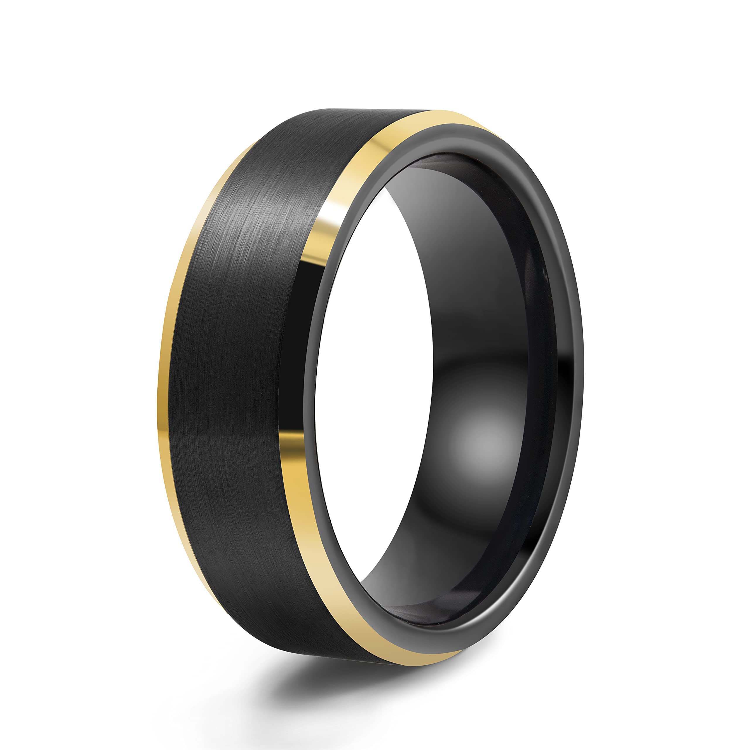 LerchPhi 8mm Black Tungsten Carbide Mens Ring Matte Brushed with Polished Gold Bevelled Edge Comfort Fit Classic Wedding Band