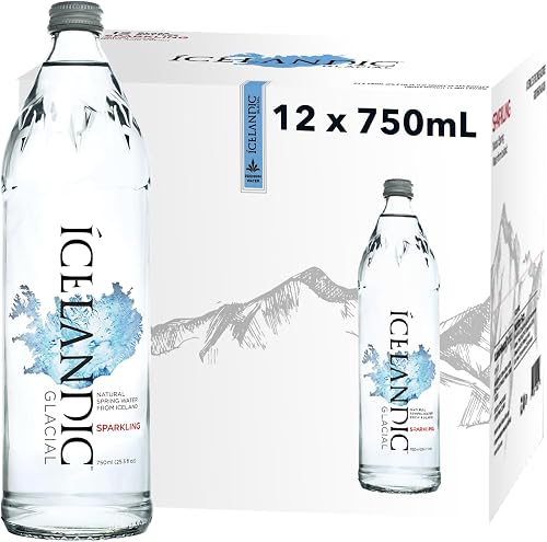 Icelandic Glacial Sparkling Spring Water in Luxury Glass Bottles, 750ml, 12-Pack, Naturally Alkaline pH 8.4, Low TDS 62 ppm, Super Taste Award-Winning, Premium Fine Dining Water