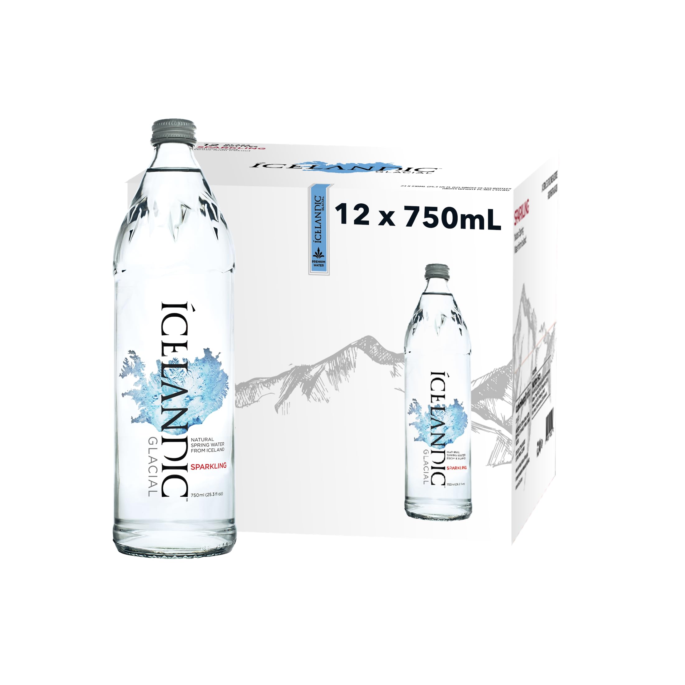 Icelandic Glacial Premium Sparkling Water 750ml Glass Bottles x 12 Per Pack – Alkaline/Low PH, Recycled Packaging, BPA Free, Carbon Neutral from Icelandic Spring. Low TDS and Mineral Content.