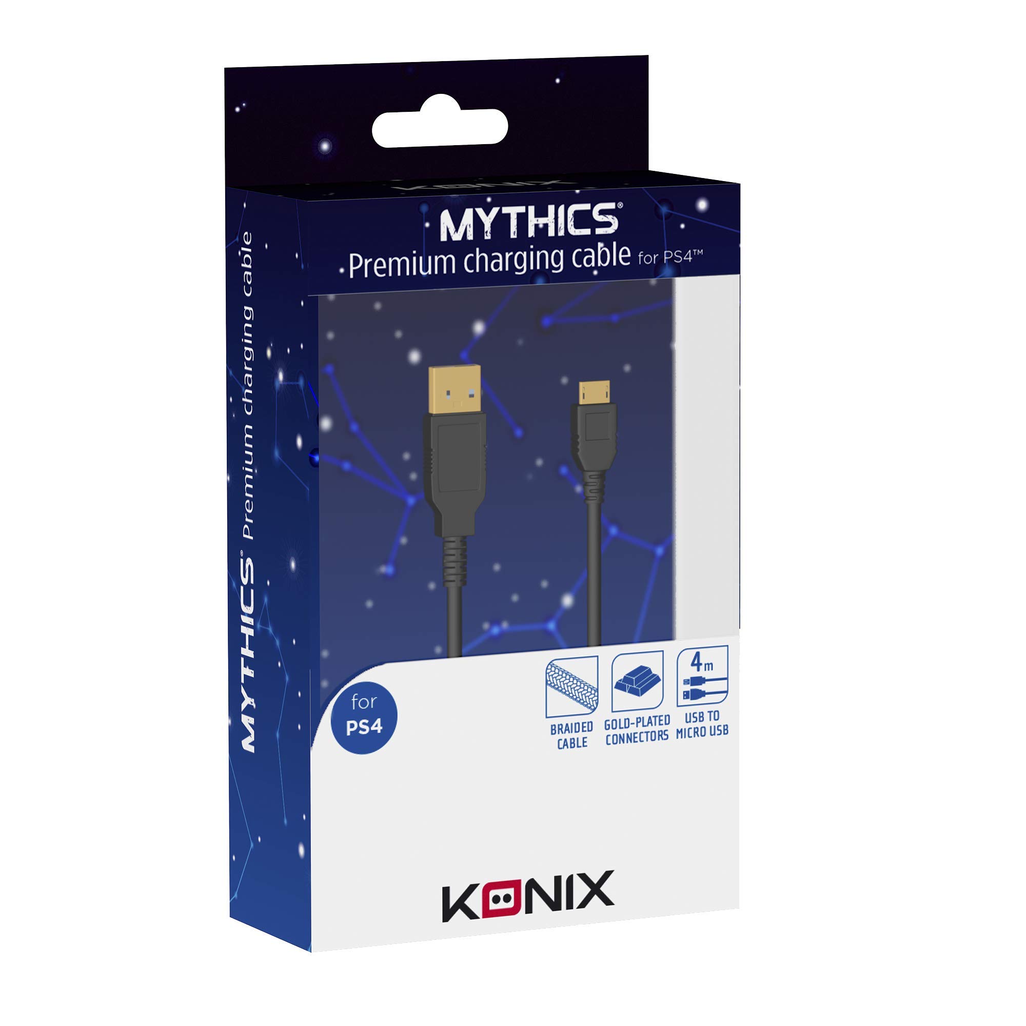 Konix Cable de carga premium Mythics de 4 m para mando DualShock de PS4, conectores chapados en oro, color negro