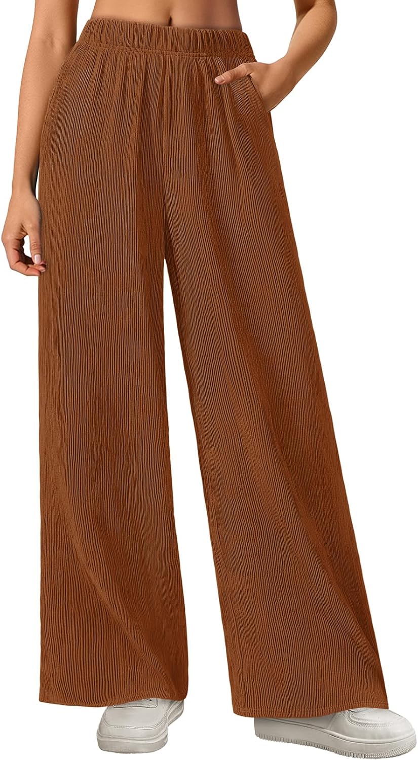 MEROKEETY Women's Wide Leg Palazzo Pants Flowy Pleated Elastic High Waisted Casual Trousers with Pockets