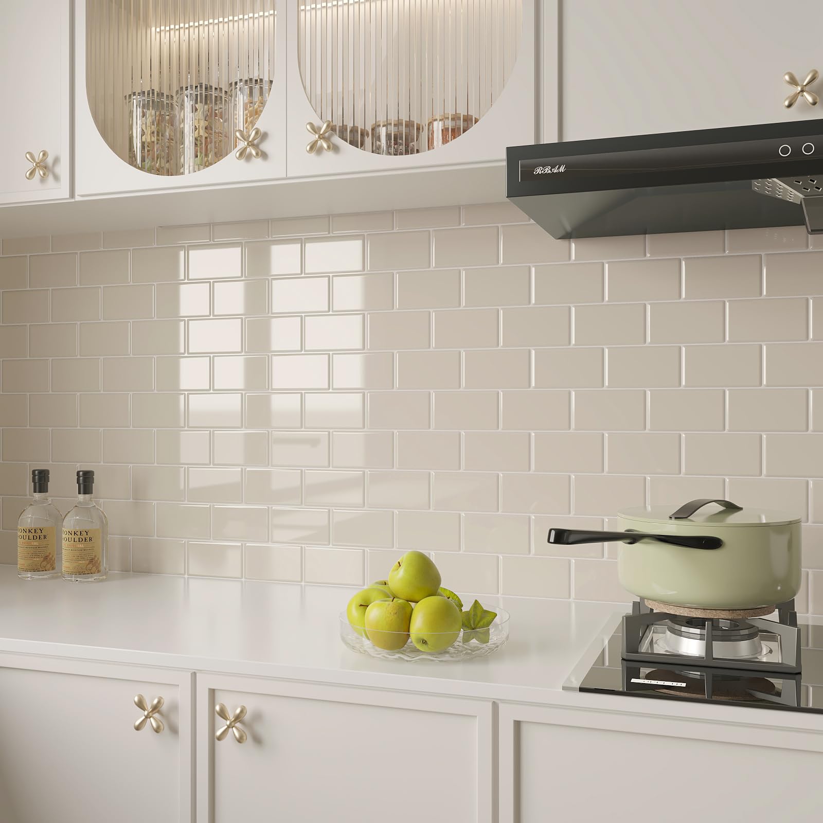 VEELIKE Mattonelle Adesive Cucina Beige Piastrelle Adesive Bagno 3D Adesivi per Piastrelle Cucina Moderna Adesivi Piastrelle Bagno Adesivo Parete Cucina Paraschizzi 30,5 cm x 30,5 cm 12 Pezzi