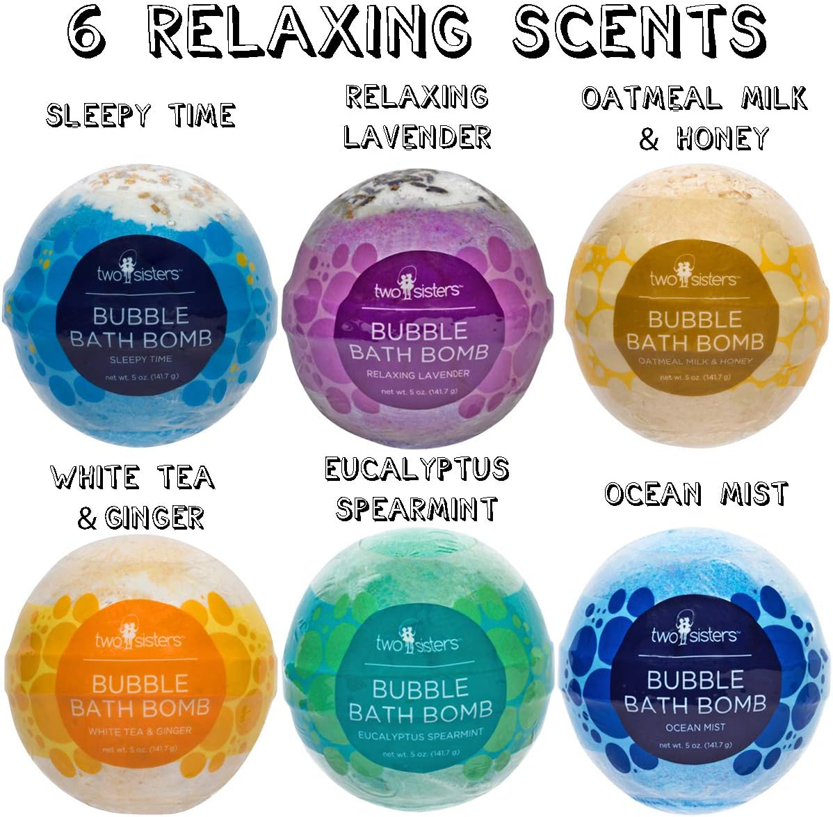 Two Sisters Relaxing Bath Bombs for Women, Girls, Teens & Kids (6 Pack) - Natural Bubble Bomb, Moisturizes Dry Skin, Aromatic Scents, USA Made - Christmas Stocking Stuffers for Women by Two Sisters