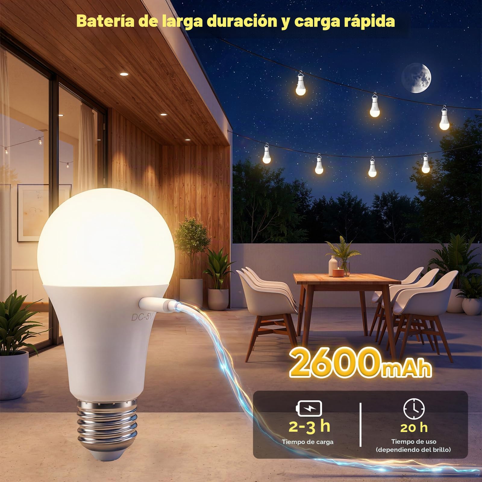 TaoFiaCo 7 W E27 Bombilla Recargable USB con Mando, 3 Color, 4 Piezas | Bombilla Inalámbrica, Regulable, Carga USB-C, Inalámbrica, , Función de Temporizador, Luz de Emergencia Control de Botones