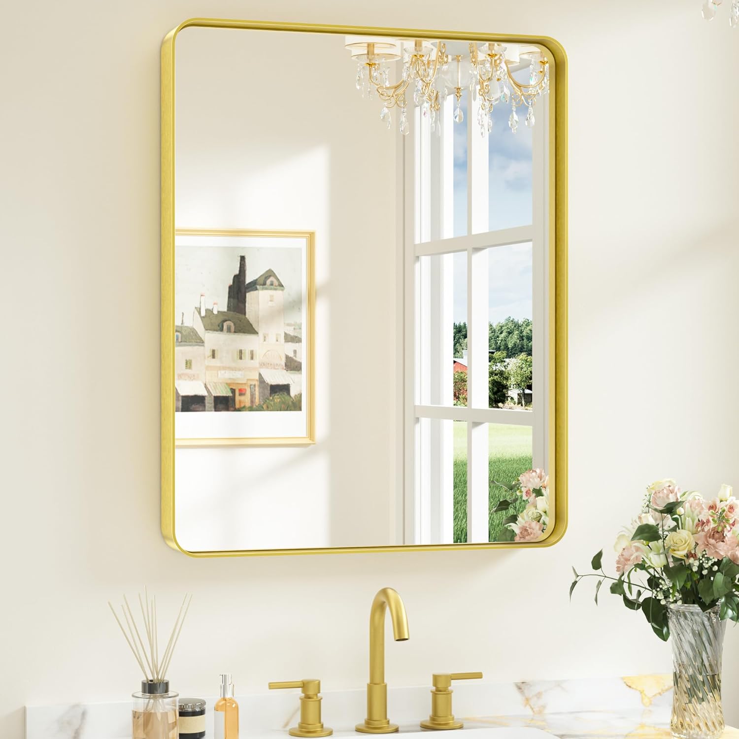 Keonjinn Gold Bathroom Mirrors for Over Sink, 24” x 30” Rounded Rectangle Brushed Gold Vanity Mirror, Anti-Rust Brass Mirror with HD Tempered Glass, Decorative Farmhouse Mirrors, Horizontal/Vertical Brushed Gold 30"L x 24"W