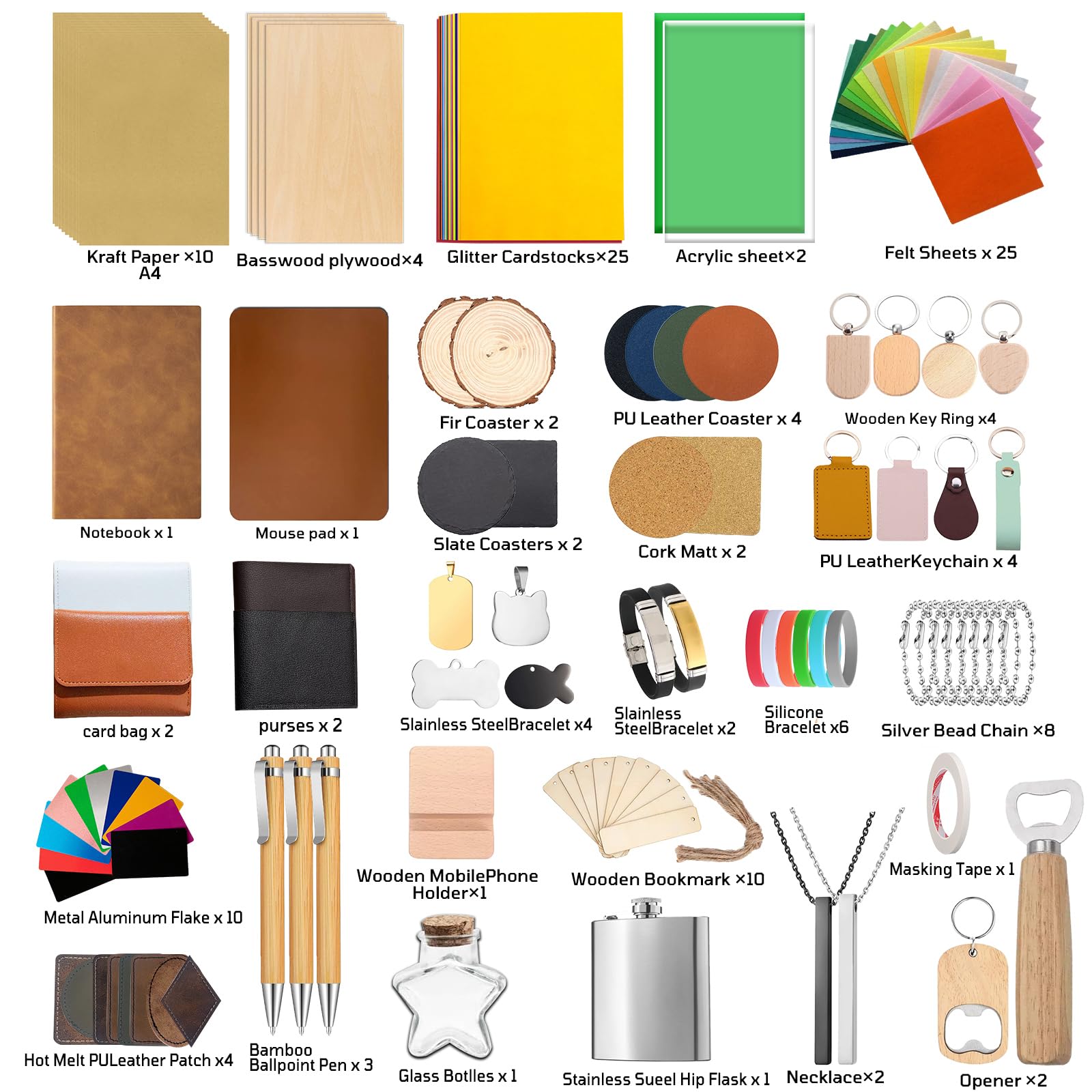 Kit de 144 matériaux de gravure laser, 29 types de fournitures de gravure laser, y compris acrylique, bois, cuir synthétique, verre, métal, roche, tissu, matériaux en caoutchouc pour graveur laser