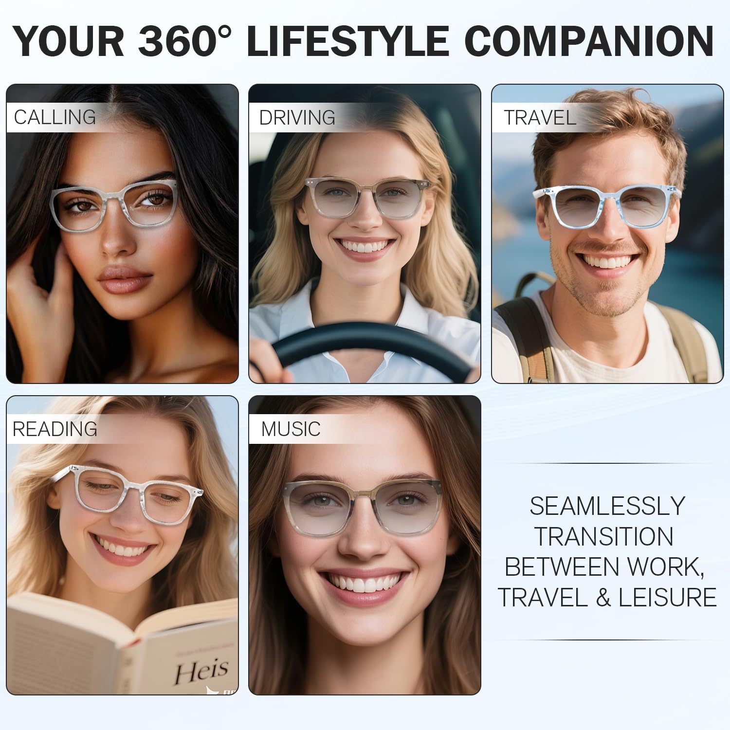 Image showing detailed product specifications and dimensions of the padom GS07 Smart Glasses, including frame width, lens height, and temple length.