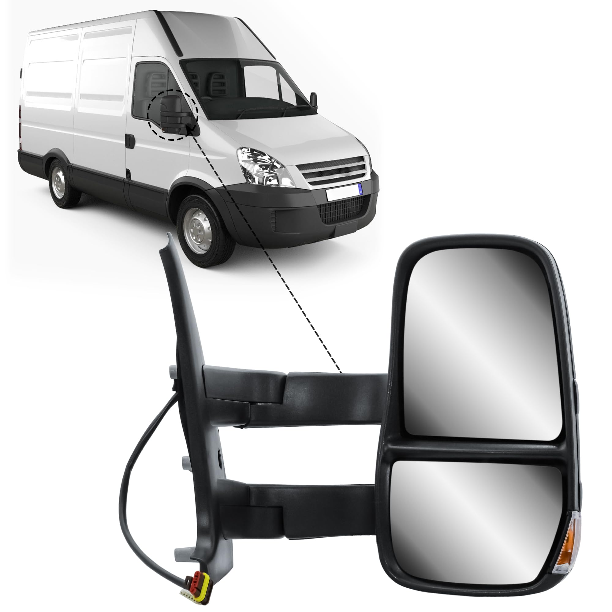 Specchietto retrovisore destro elettrico e termico a braccio lungo con indicatore di direzione per camion IVECO Daily IV V 2006-2013