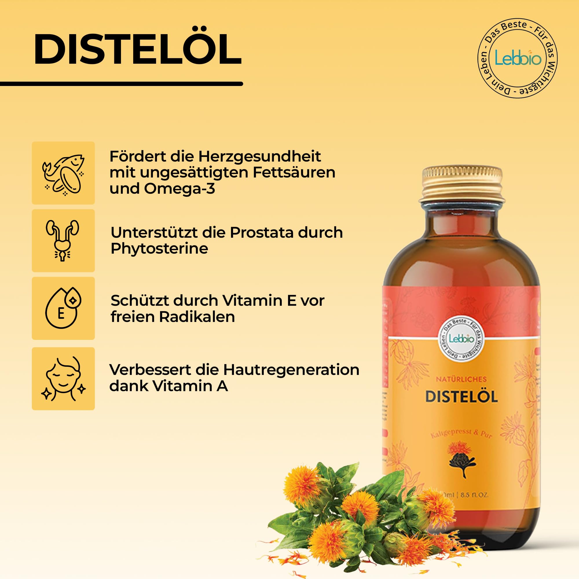 Lebbio Huile de carthame 250 ml [100 % naturelle et pressée à froid] Native, riche en vitamine E naturelle, 100 % végétale, végétalienne, végétarienne, bouteille en verre, convient pour l'alimentation