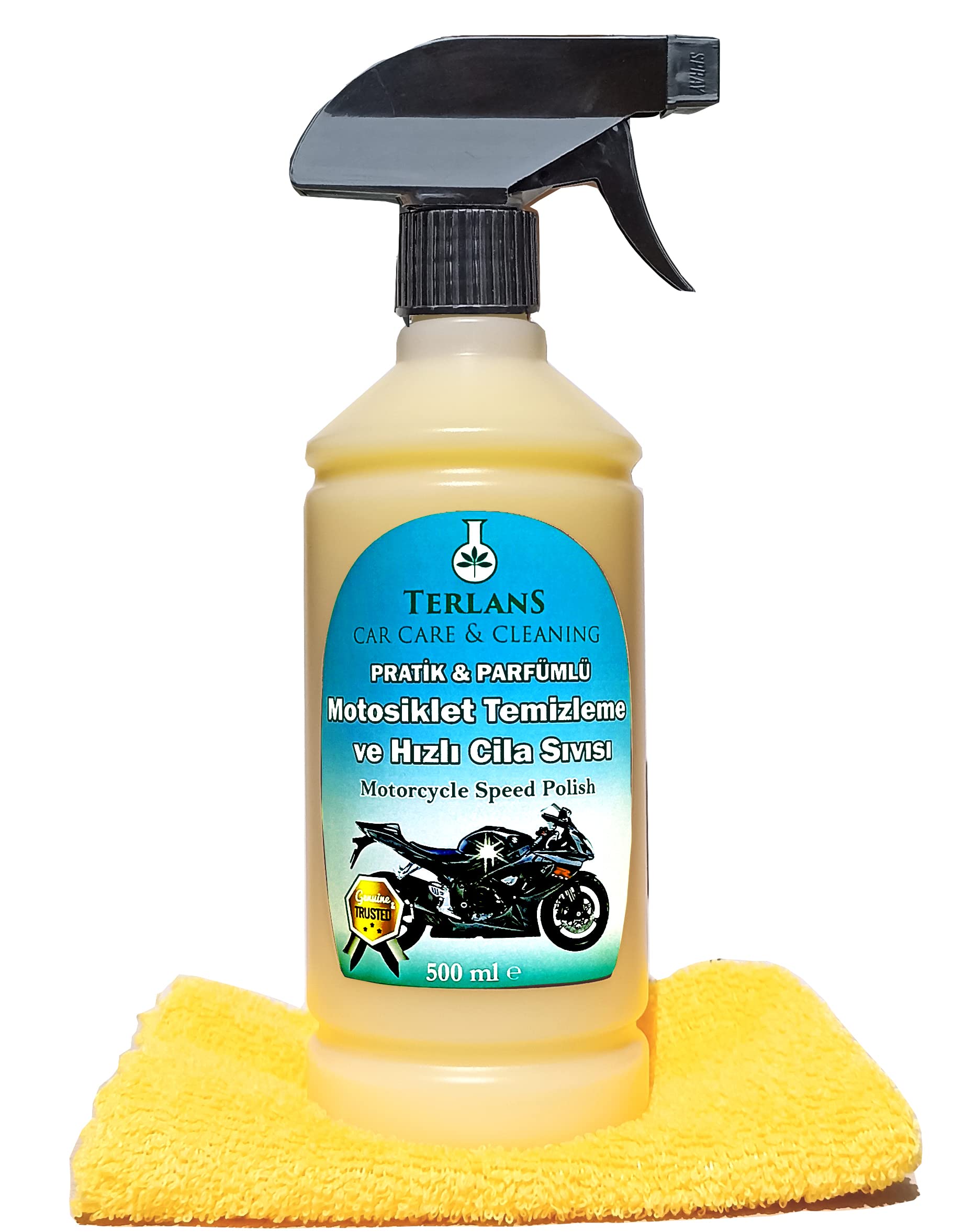 Terlans Motosiklet Temizleyici Parlatıcı Hızlı Cila | Boyalı Alan & Plastik Aksam | Parfümlü | 500 ml SPREY + Mikrofiber Bez