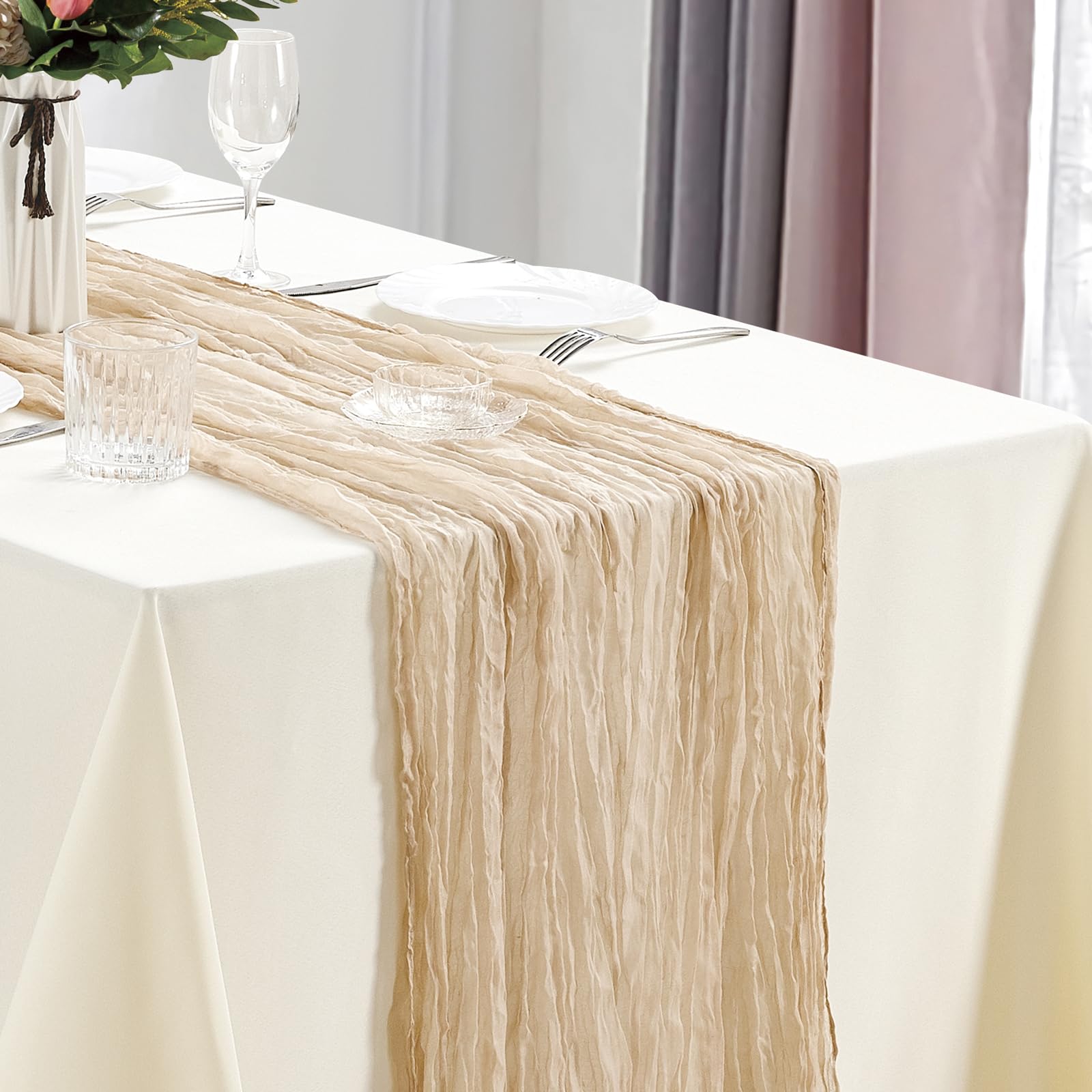 Dololoo 2 Pack Cheesecloth Table Runner 35 x 118 Inches Gauze Table Runner 10Ft Boho Rustic Decorations for Wedding Decor Reception Bridal Shower Holiday Party, Beige