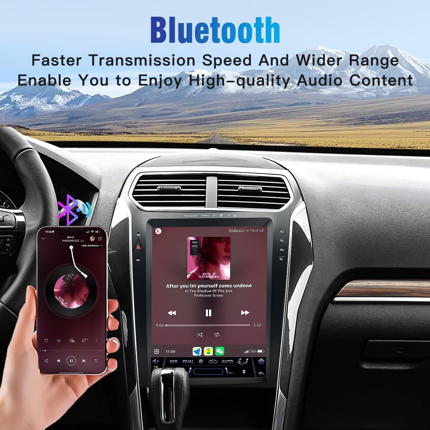 Bluetooth interface showing a smartphone connected for music playback.