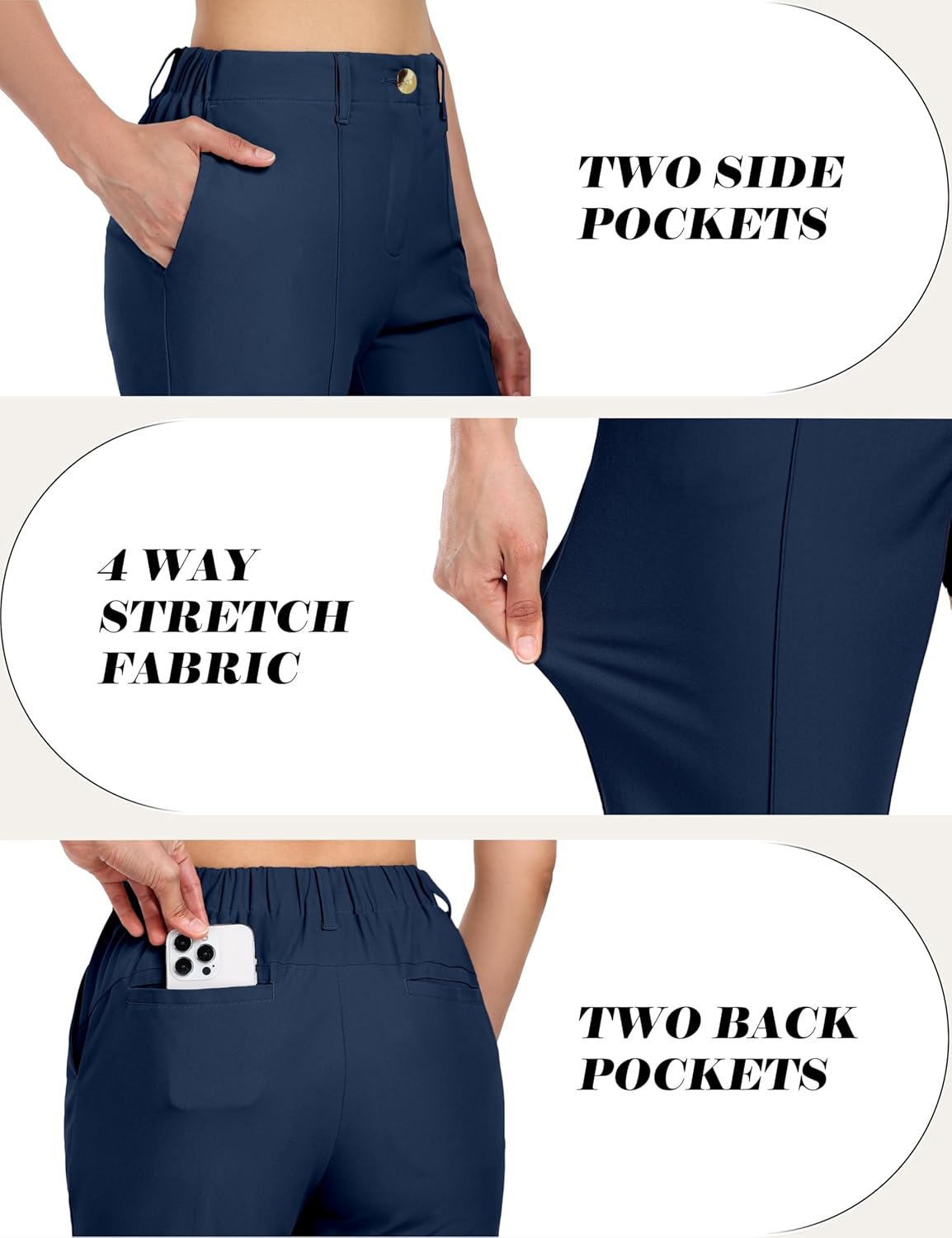 Little Donkey Andy Women's Stretchy Straight Leg Dress Pants Business Casual Elastic Waist Cropped Work Pants with Pockets Blue M - Image 4