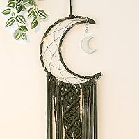 Vista 2 de Colgante de pared de macramé bohemio para niños, atrapasueños de media luna y estrella de crochet con borlas largas, decoración de algodón oliva