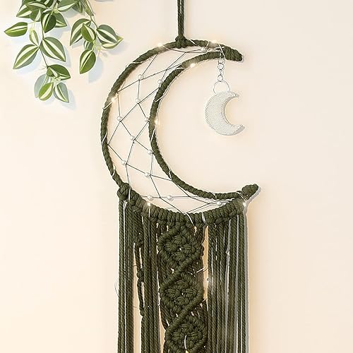 Miniatura 2 de Colgante de pared de macramé bohemio para niños, atrapasueños de media luna y estrella de crochet con borlas largas, decoración de algodón oliva