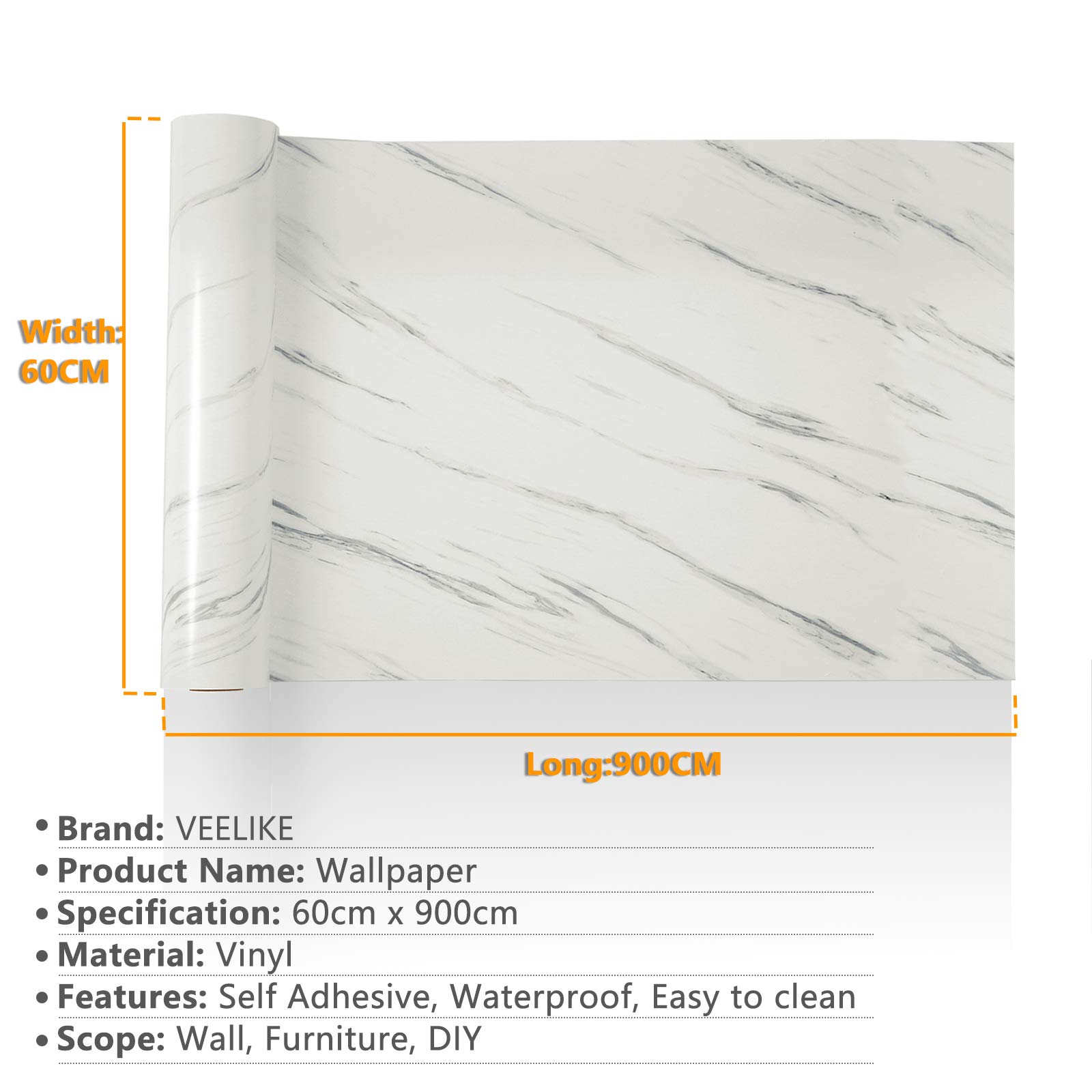 VEELIKE Papel Adhesivo Marmol Blanco 60cm x 900cm Papel Adhesivo para Muebles Papel Pintado Marmol Papel Tapiz Salon Papel Pintado Pared Encimeras de Cocina Impermeable Vinilo Autoadhesivo Pared Baño