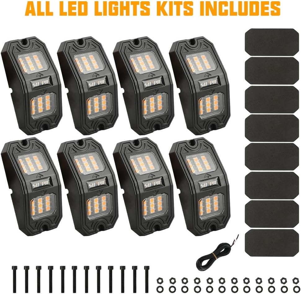SUNPIE 8 Pods Quick Connect Amber Rock Lights, 18 Wide Angle Chips, 4M Extension Wires Each Light, Mounting Pads, IP67 Waterproof, Fits for Trucks Trailer SUV ATV UTV