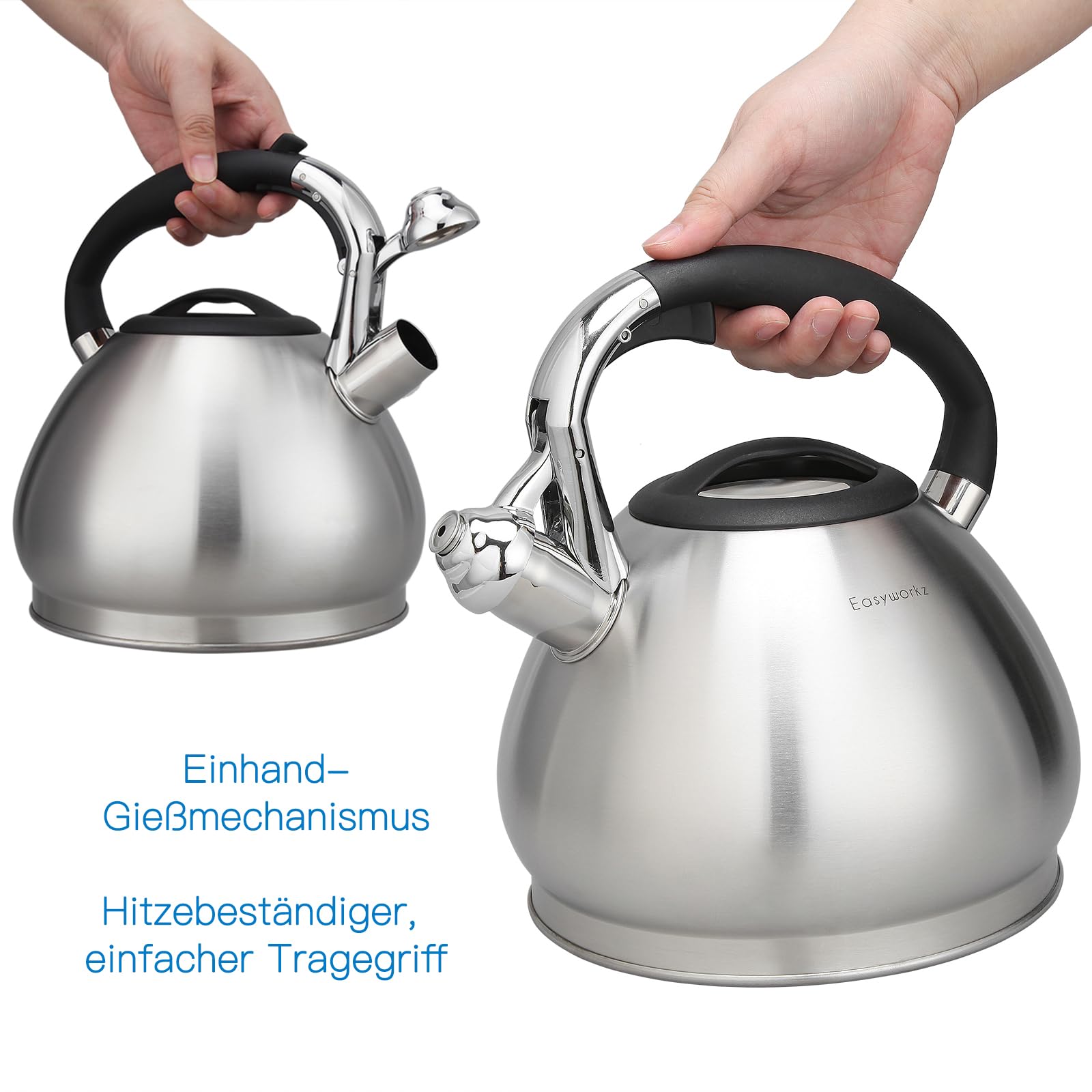 Easyworkz Wasserkessel Induktion Pfeifkessel aus Edelstahl, 2,3 l Teekessel für alle Kochplatten, Flötenkessel mit Hitzebeständiger und rutschfester Griff, Wasserkocher für Tee Kaffee