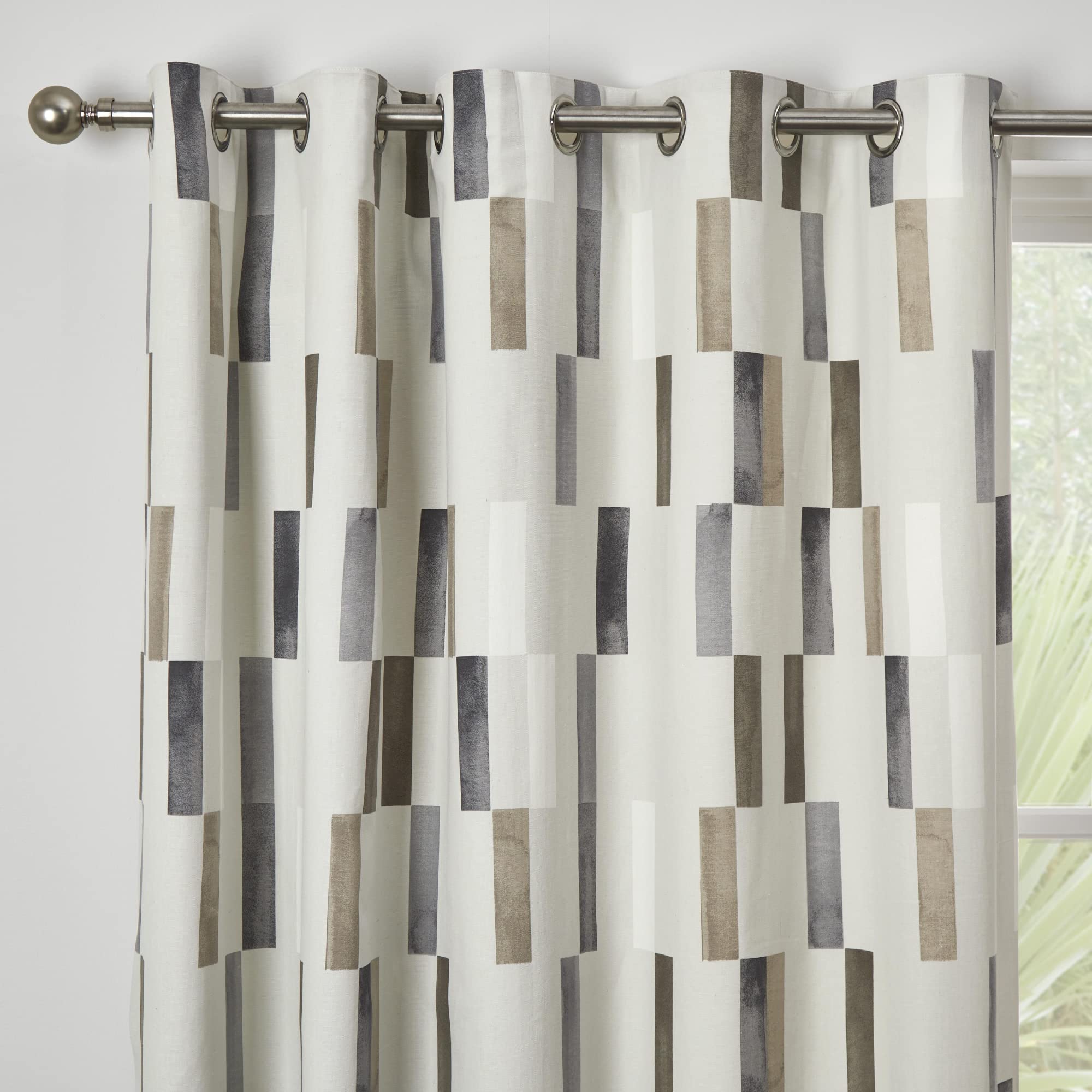 Fusion Natural Geometric Tile Cotton Curtains, W46 x L54 (117x137cm), 2 Panels, Eyelet Drapes with Vertical Rectangle Print - Image 2