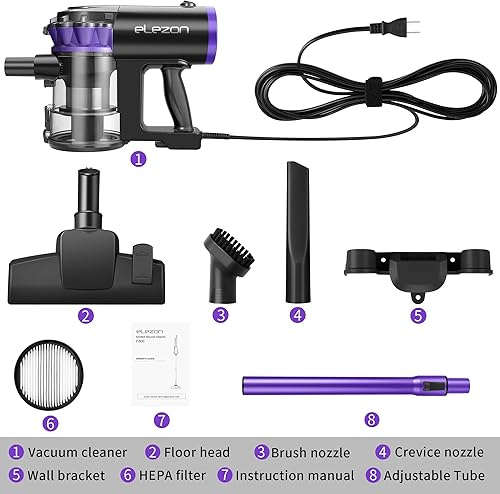 Miniatura 7 de elezon Aspiradora de palo con cable de 23 pies de largo, potente aspiradora multiciclónica de 18 KPa sin bolsa, aspiradora de mano pequeña y ligera