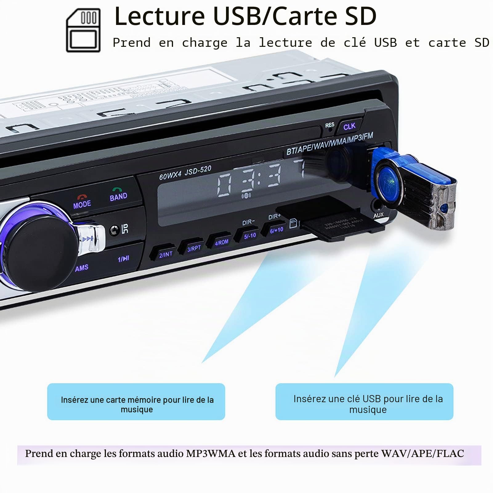 Autoradio, Multimédia Autoradio Bluetooth Audio et Appels Mains Libres, Diffusion Vocale, Double Lecteur BT, Commande Vocale AI, MP3/USB, Radio FM, Prise en Charge de L'enregistrement Audio