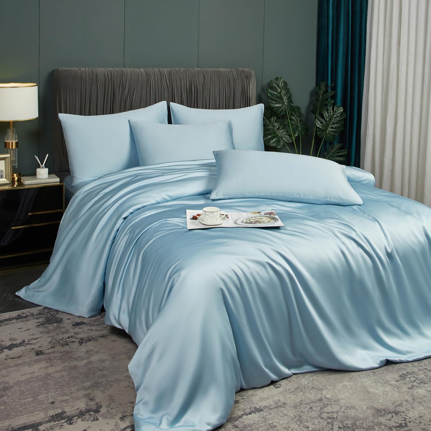 Biancheria da letto in bambù, 135 x 200 cm, 4 pezzi, blu, azzurro, estate, inverno, raffreddante, in fibra di bambù Lyocell lucido, set di biancheria da letto e federe 80 x 80 cm
