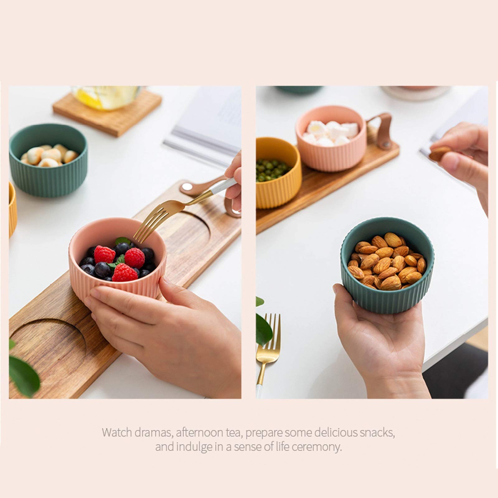 Ciotoline da Snack 3pcs ciotole di immersione in ceramica con vassoio in legno stile giapponese in immersione in salsa di salsa / piatti adatti for dips, cereali, insalate, dessert (giallo / verde / r