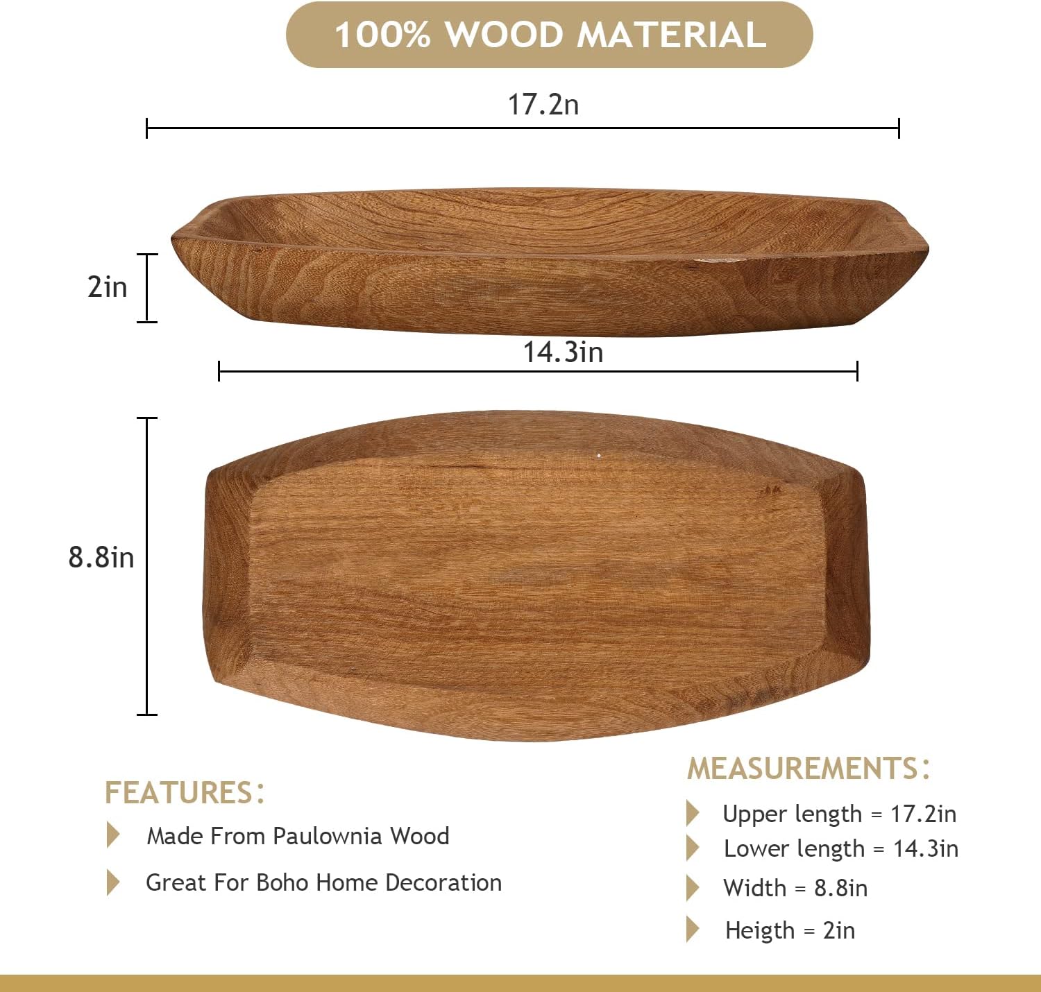 Uziass Wood Dough Bowl, 17.25"x 8.8" Hand Carved Wooden Dough Bowls for Decor Rustic Wood Dough Bowls Decorative Wooden Dough Fruits Bowl for Table Centerpiece Dining Living Room Home Kitchen Decor: Home & Kitchen