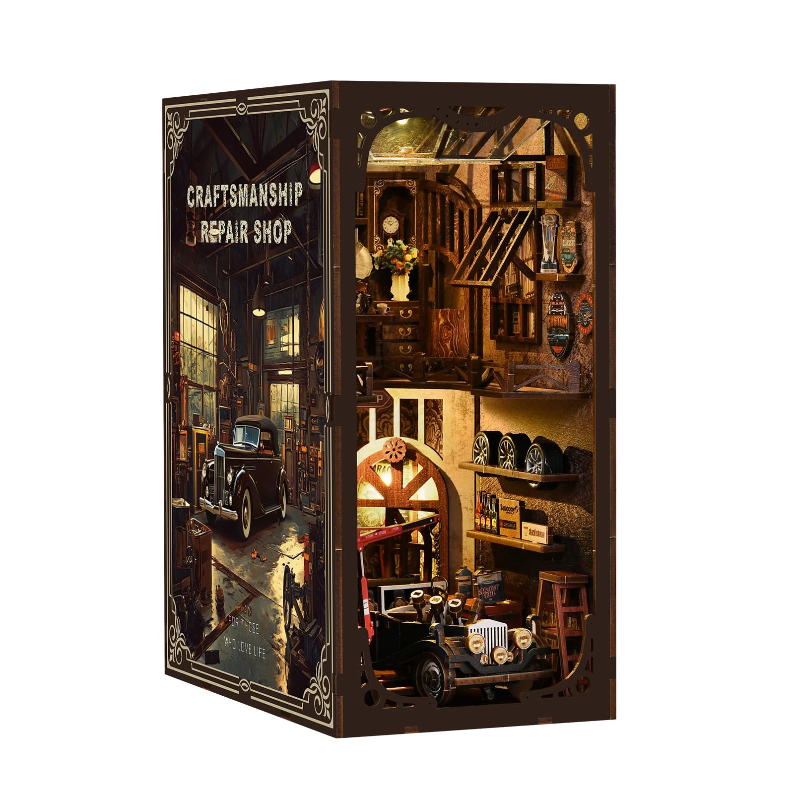 Book Nook Kits - warsztat samochodowy dla dorosłych - DIY miniaturowa wkładka z lampkami LED, kreatywne zestawy do rękodzieła dla dorosłych