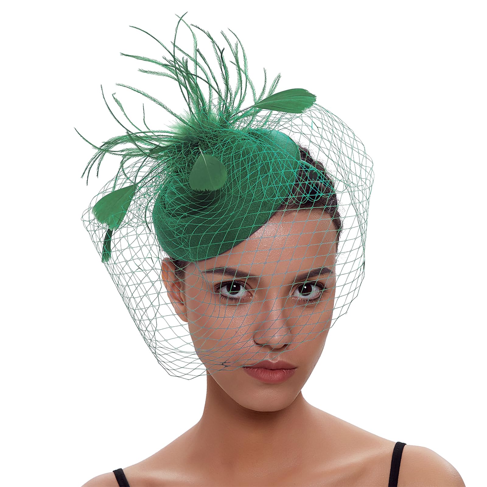 DRESHOW Fascinator Hats for Women Pillbox Hat with Veil Headband and a Forked Clip Tea Party Headwear