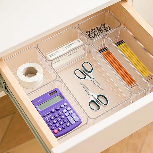 Miniatura 6 de Juego de organizadores de cajones de plástico transparente, paquete de 16 bandejas organizadoras versátiles de 5 tamaños y contenedores de