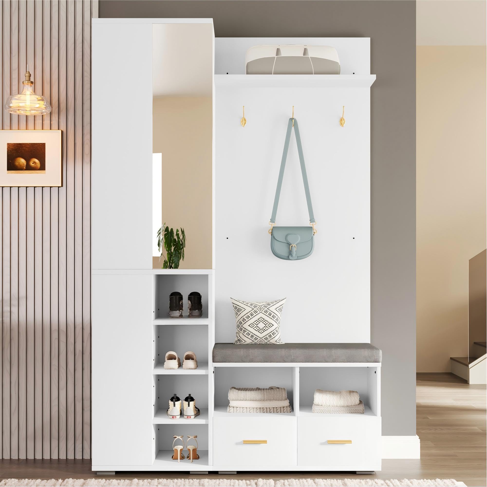Juego de Perchero Pared con Espejo y 2 Cajones, Mueble Recibidor con Barra de Ropa y Estante Abierto, Conjunto de Perchero Entrada Recibidor, Banco y Dispositivo Antivuelco, 120x35x190 cm,Blanco