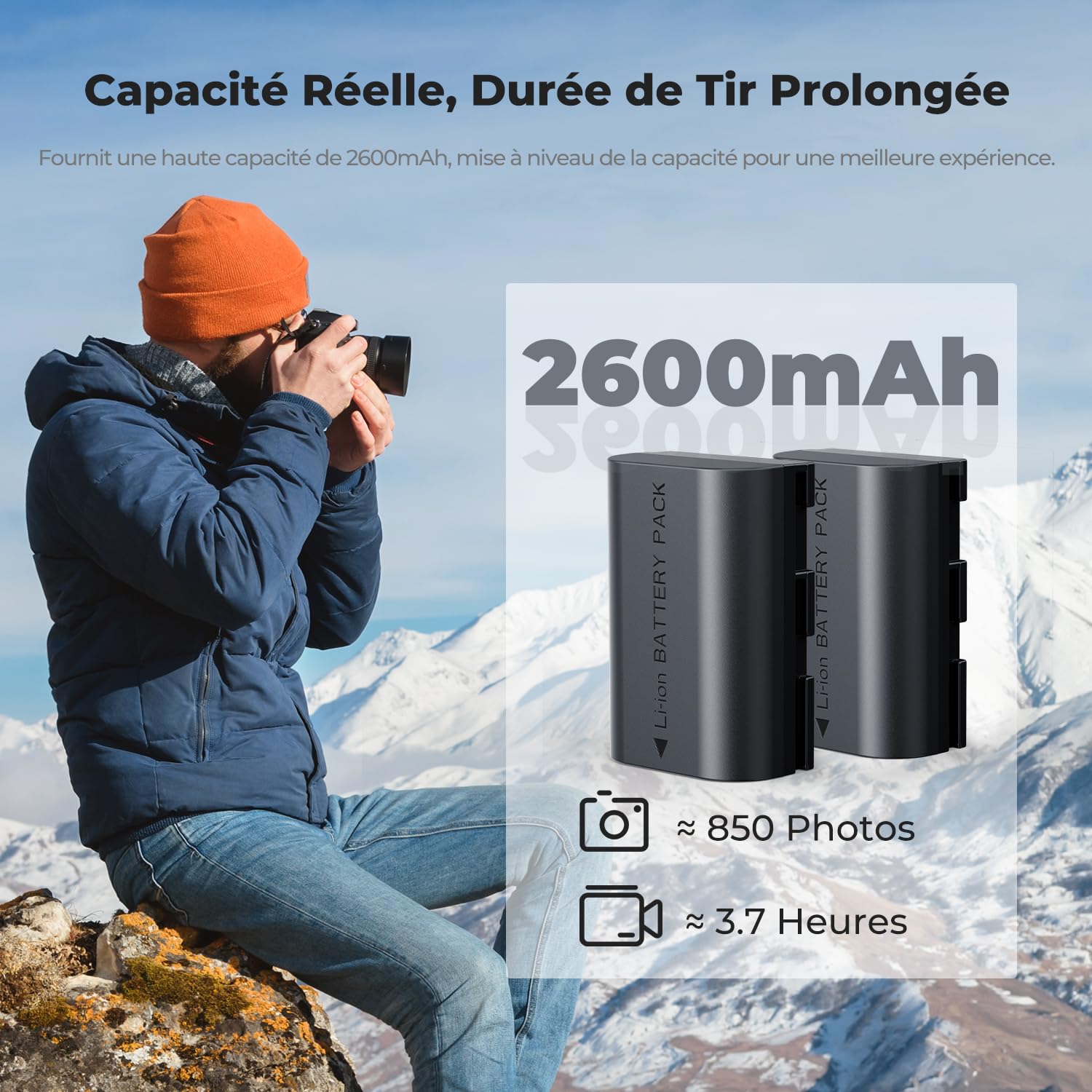 K&F Concept LP-E6NH Batterie 2600mAh Haute Capacité Double Fentes Écran LCD Chargeur Compatible avec Canon EOS R7 R6 R5 5D Mark II/III/IV 6D 6D Mark II 7D II 90D 80D 70D Caméras