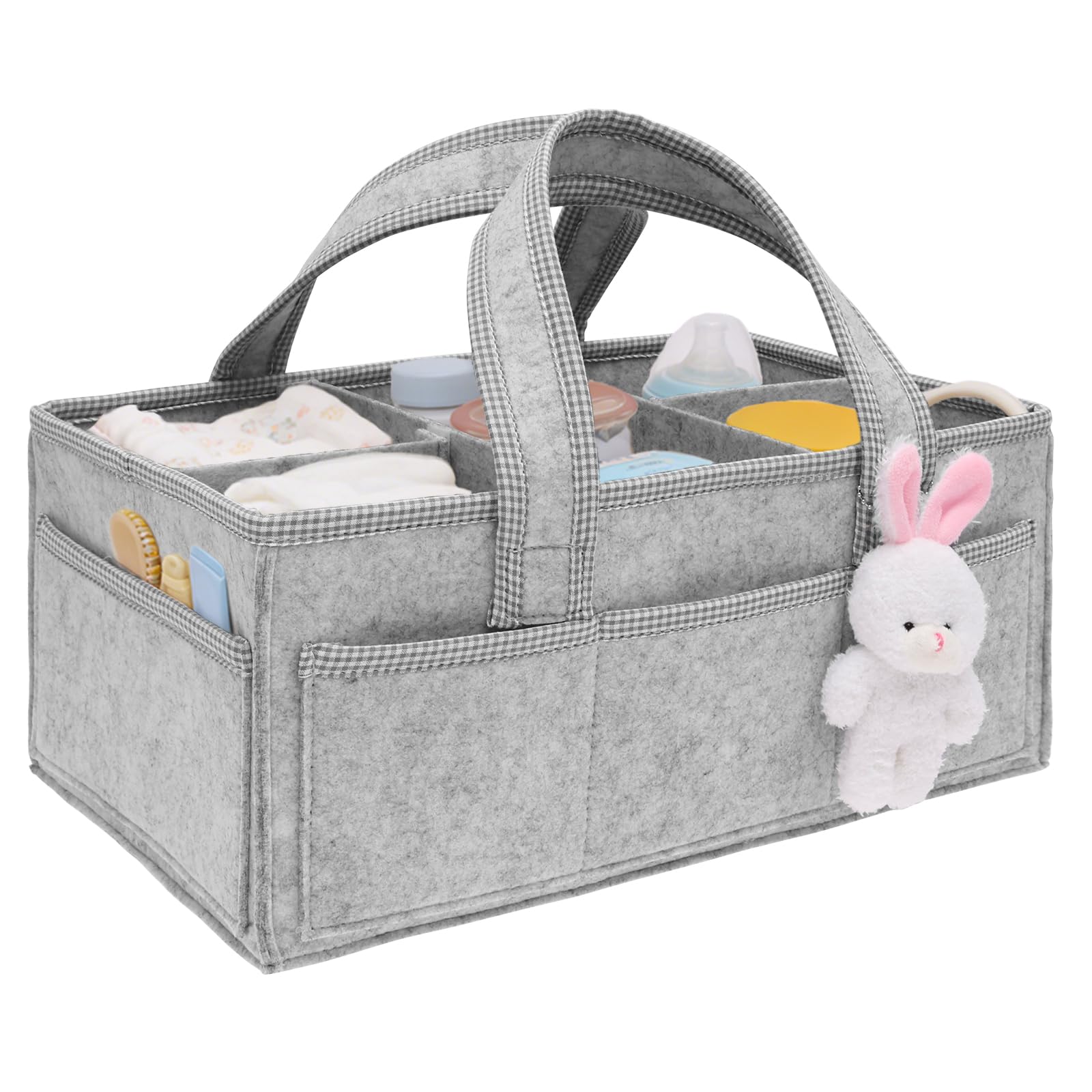 Foldable Diaper Caddy Organiser (41x25x18cm), Felt Portable Nappy Storage Basket with Removable Compartments and Handles, Newborn Baby Essentials Nursery Bag with Bunny Doll, Nursery Bin for Newborn