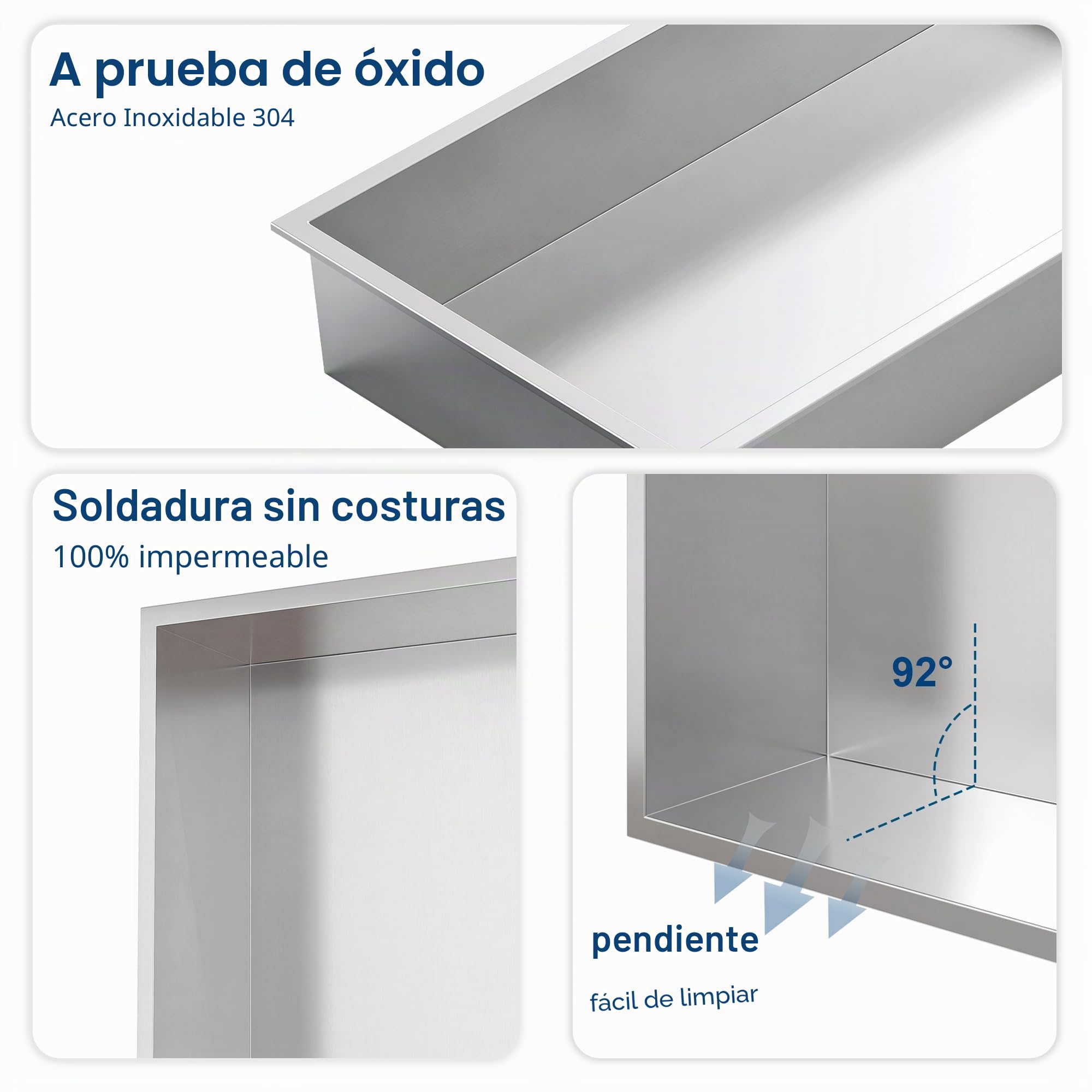 Aldaba de Pared para Ducha de Acero Inoxidable con Luz LED, Nische de Ducha Incorporada con Estante Individual para Almacenamiento en el Baño, 30 x 30 cm