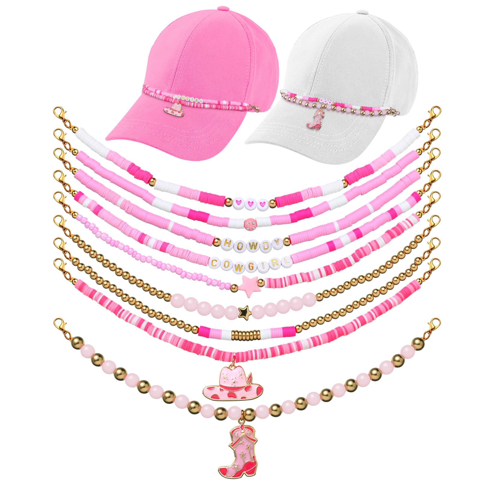 Geyoga 9 Pcs Trucker Hat Chains Trucker Hat Charms Women Man Bill Decoration Detachable DIY Metal Chain for Mesh Baseball Cap(Pink Gold,Cowgirl)