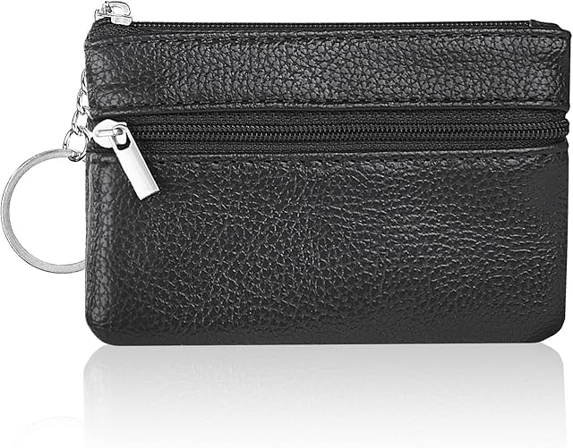 Aucuu Coin Purse Leather Zipper Wallet Card Holder Key Case Women Mini Wallet, with 3 Compartments & Keychain, Small & Lightweight, Easy to Carry, 12 * 8 CM (Black)