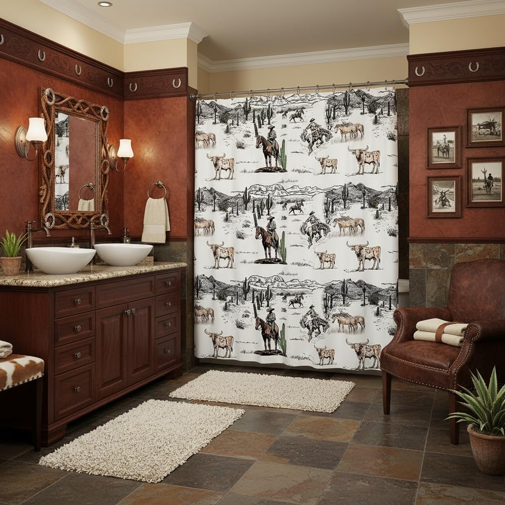 Western Cowboy Shower Curtain,Vintage Southwest Style Waterproof Curtain Desert Cactus Cow Horse Animals Bathroom Curtain for Kids Boys Girls Adult Room Decor,Grey Brown White Bath Curtain,72"Wx84"L