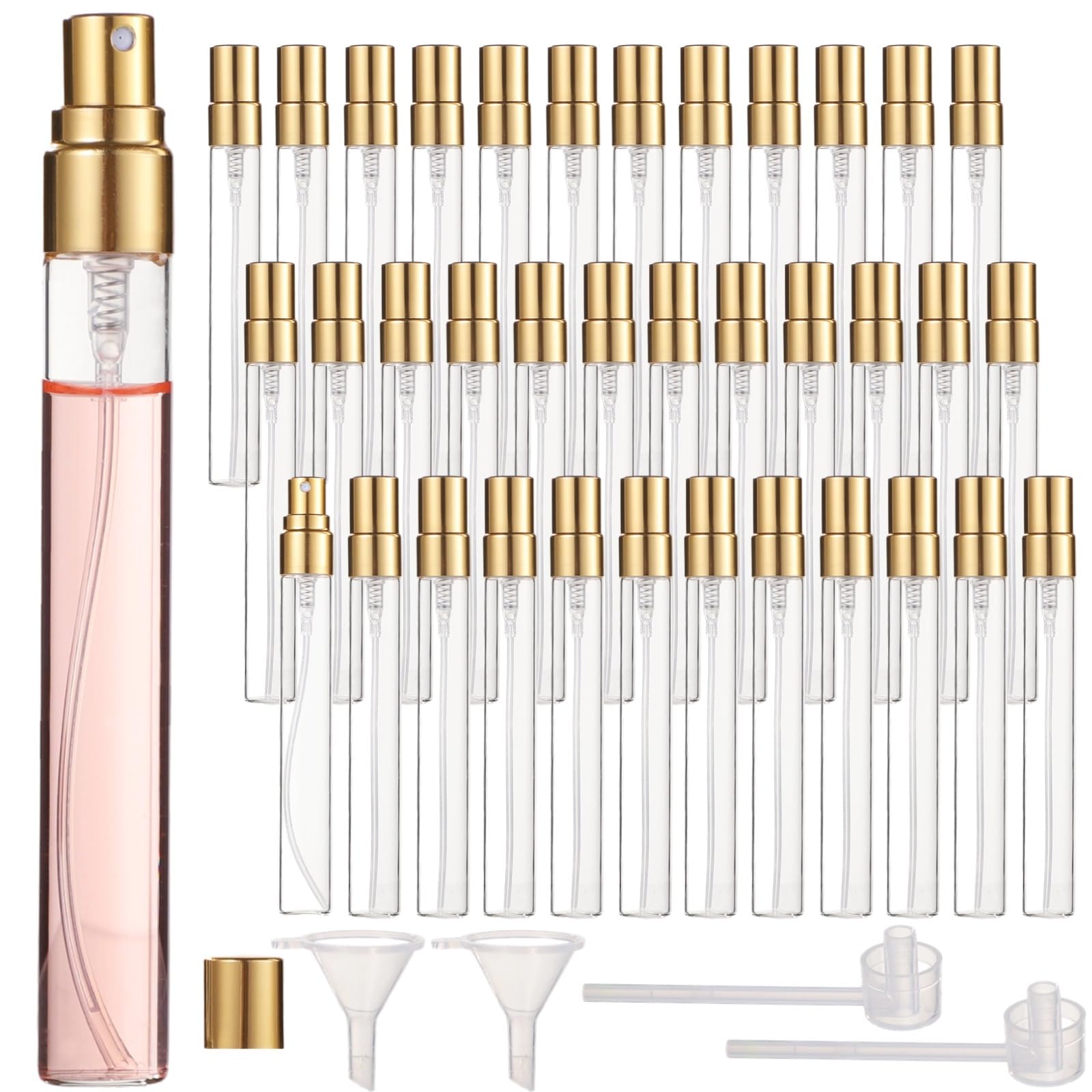 Parfümzerstäuber aus Glas, 50 Mini-Flaschen, nachfüllbar, feiner Sprühnebel, Reisegröße mit Trichtern, tragbar, 8,5 g (10 ml)