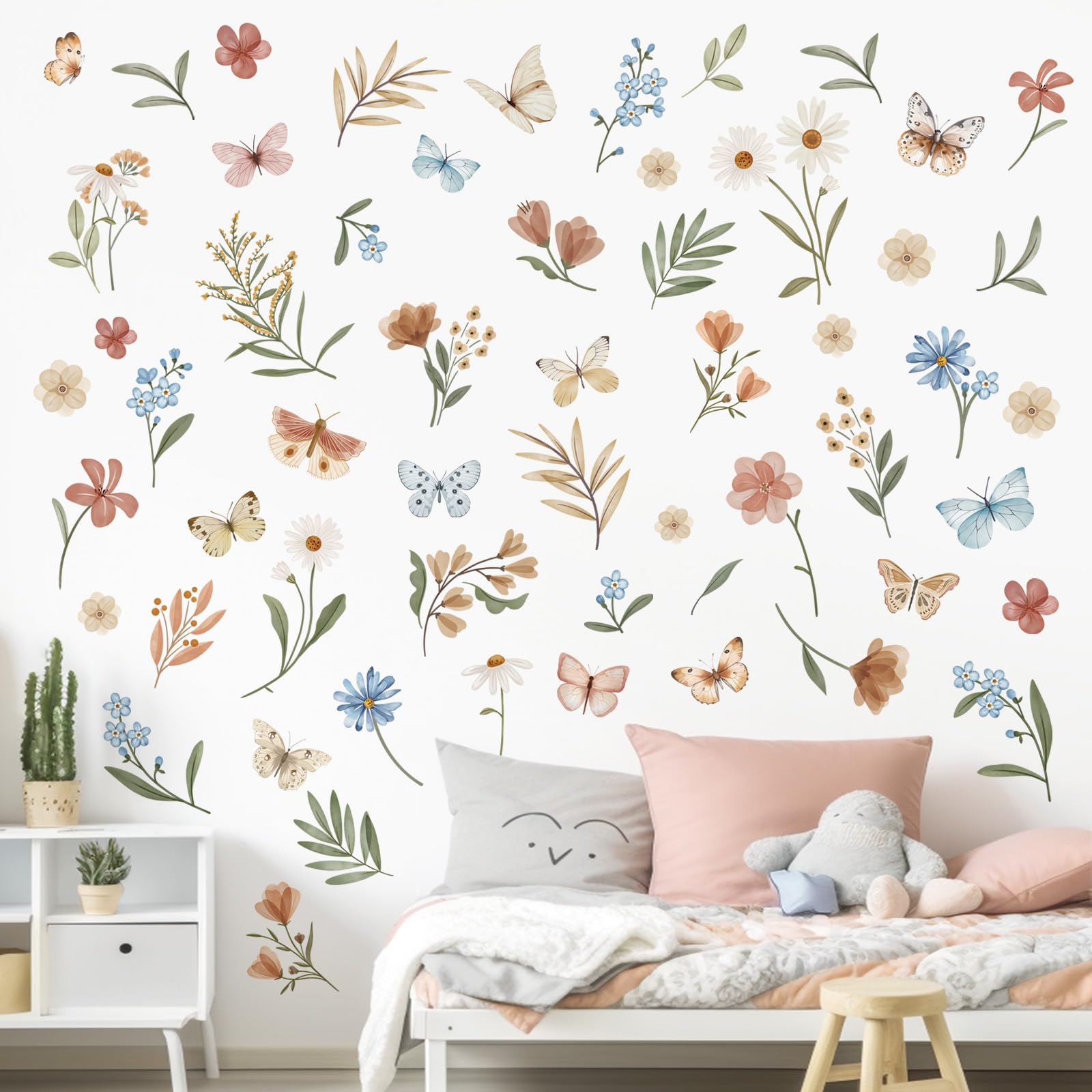 decalmile Pegatinas de Pared Boho Flores de Jardín Vinilos Decorativos Infantiles Flores Mariposas Adhesivos Pared Habitación Niña Dormitorio Salón