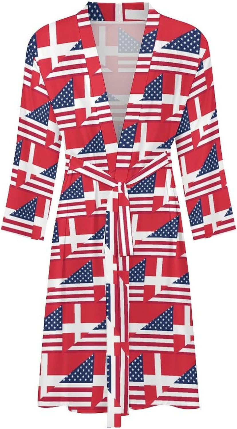 Denmark USA Flag Mens Robe Long Bathrobe for Women Bath Robes Lightweight Soft Printed Sleepwear