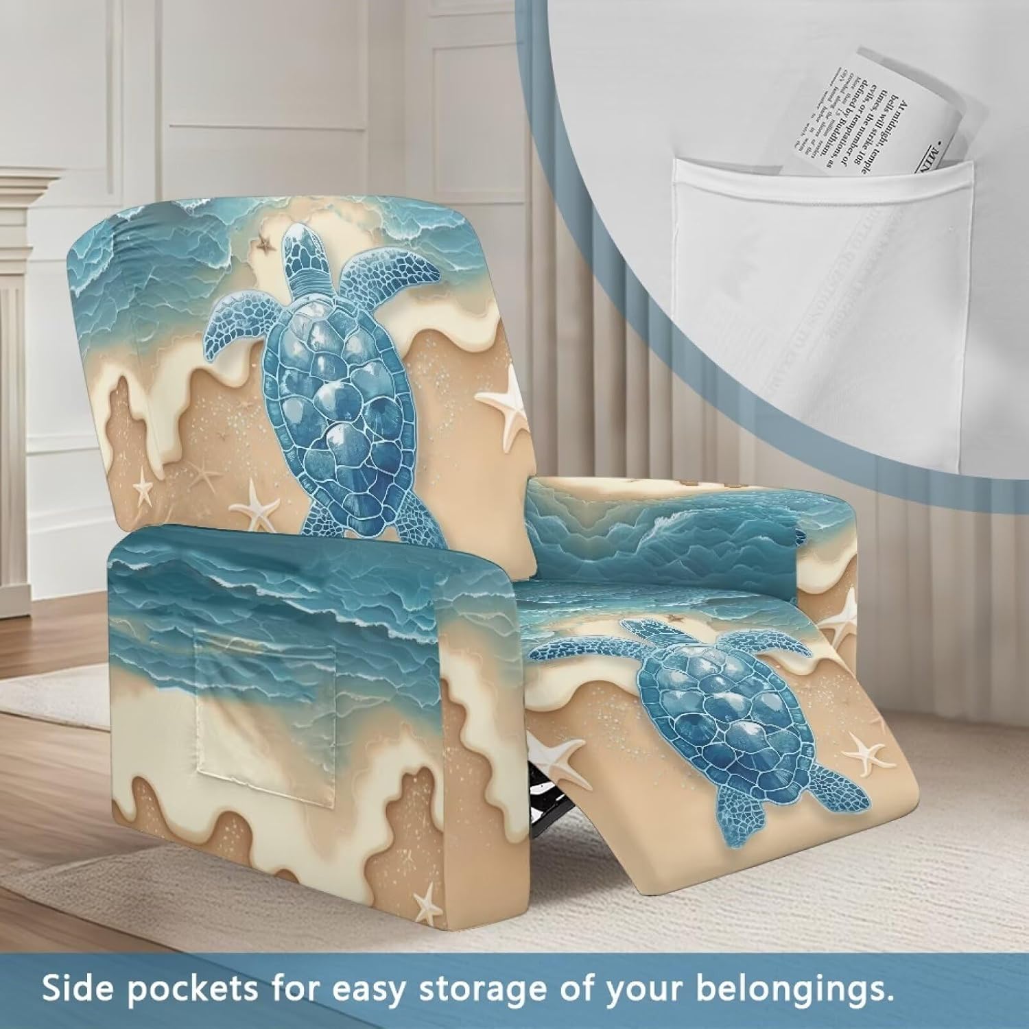 ZOUTAIRONG Beach Blue Sea Turtle Slip Covers for Recliners with Arms Stretch Recliner Chair Cover Soft Breathable Lazy-Boy Sofa Slipcover Washable Chair Protector
