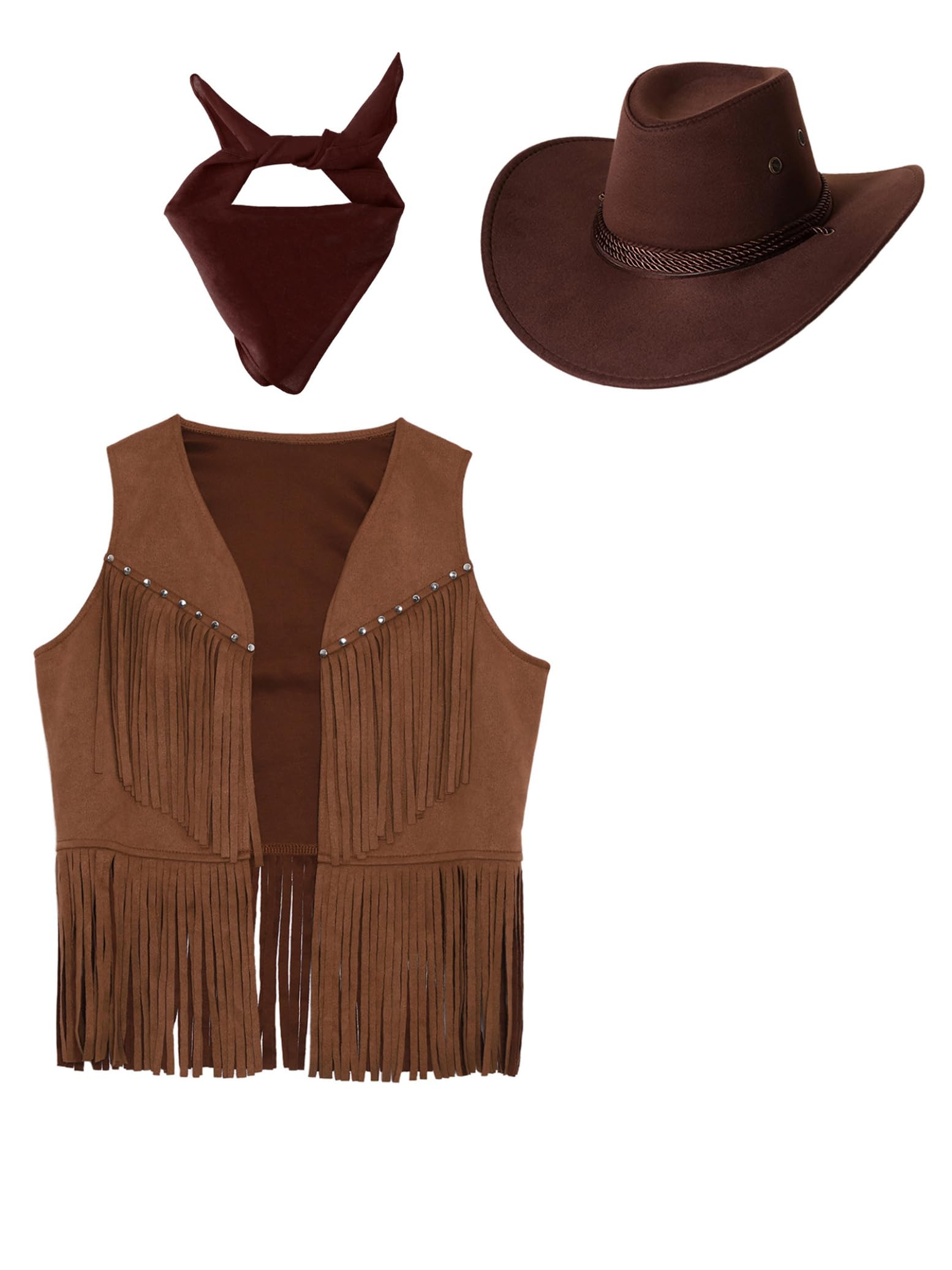 3 Pièces Déguisement Cowboy Gilet Sans Manche Vache Enfant Avec Chapeau Bandana Carnaval Costumeenfant 6-16 Ans