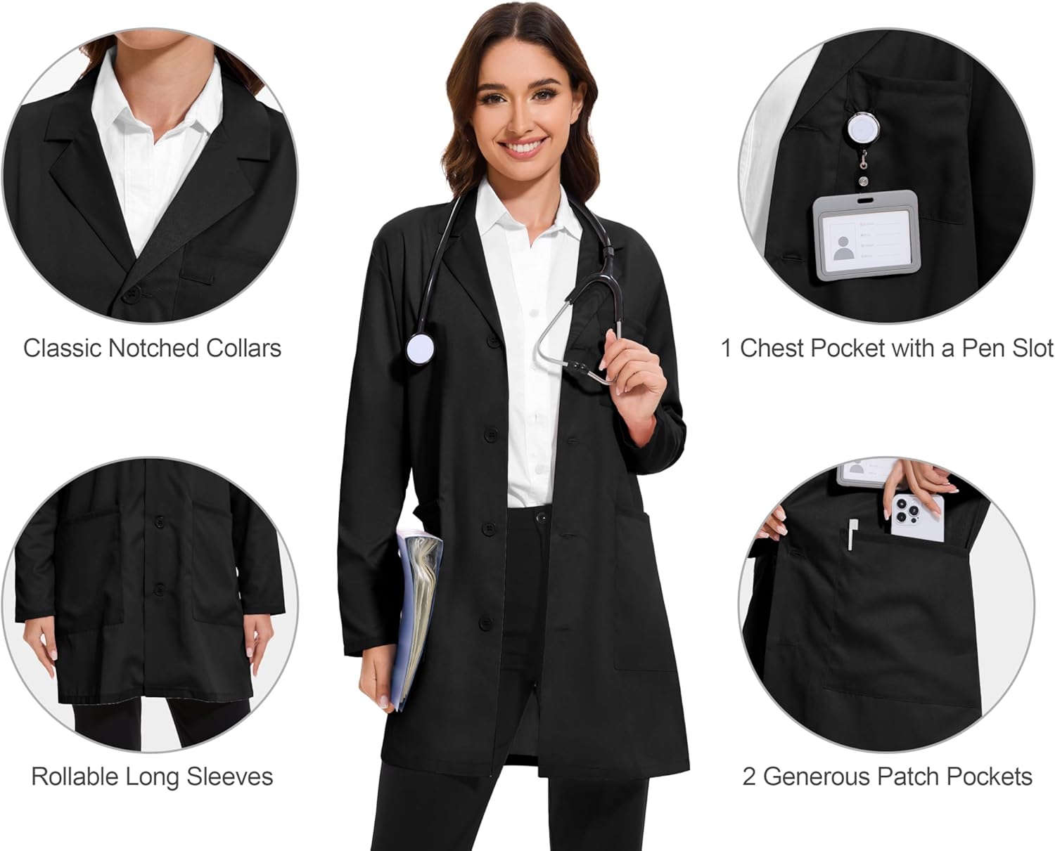 FABRACK Women's Professional Lab Coat 4-Button Long Sleeve Medical Coat with 3 Pockets, XS-XXL - Image 2
