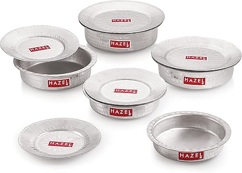 HAZEL Olla de aluminio Langdi Patila con tapa con acabado martillado, fondo redondo, recipiente de ebullición Bhagona Dekchi, juego de 5, 30.4 fl oz
