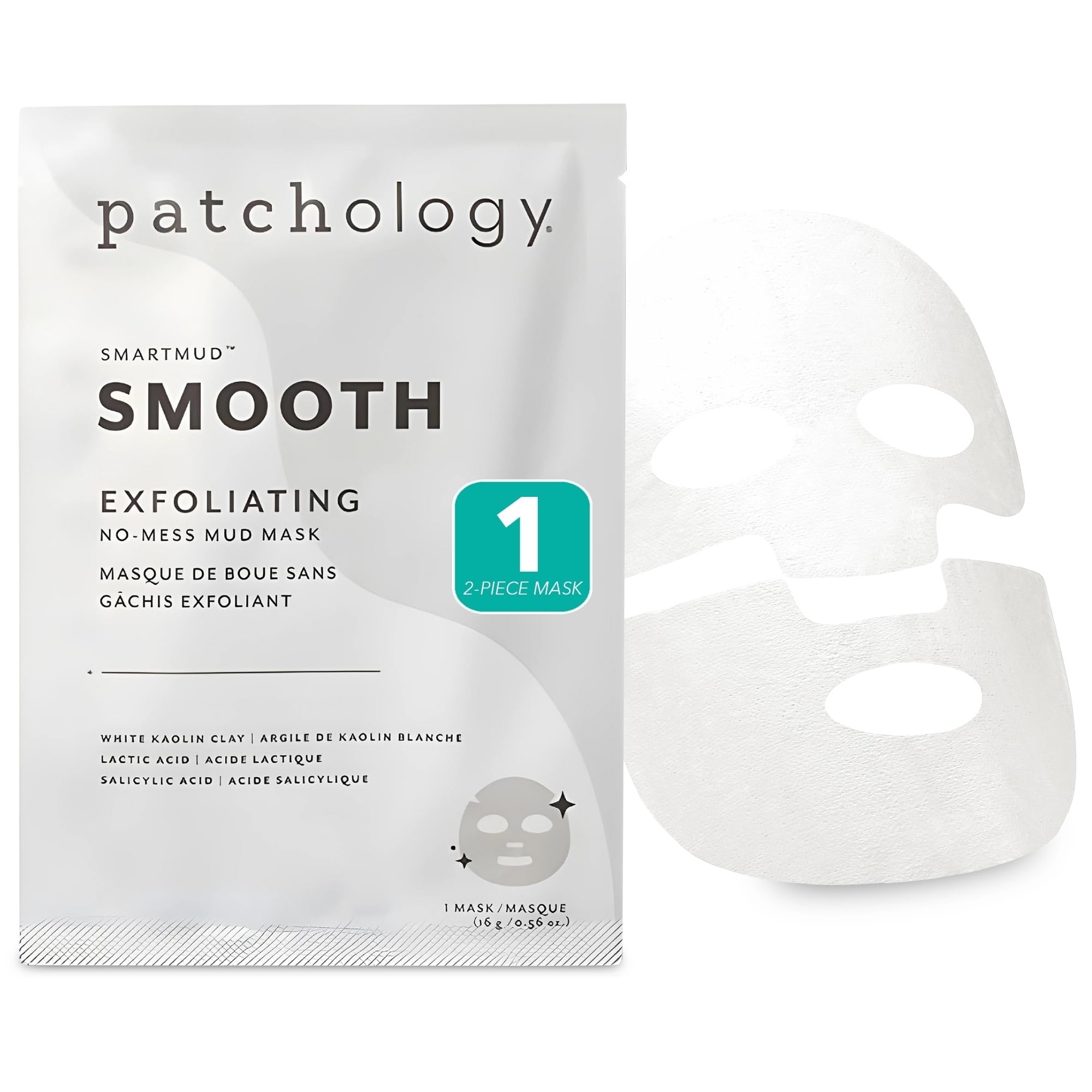 Patchology Smooth SmartMud Clay Mask For Face - No Mess White Kaolin Mud Mask w/Lactic Acid & Salicylic Acid for Exfoliating & Smoothing Skin - Face Mask Skin Care for Women & Men (1 Count)