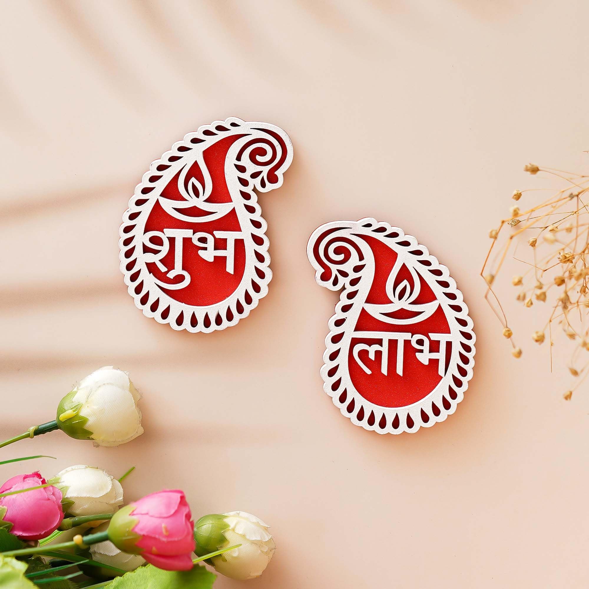 eCraftIndia White & Red Buta or Paisley Shaped Wooden Shubh Labh with Diya Decorative Showpieces for Diwali, Navratri, Ganesh Chaturthi Festival Decor - Diwali Decoration Items for Home Decor