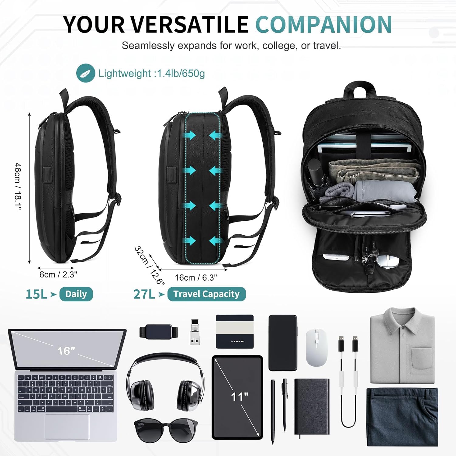 Slim Laptop Backpack for Men Women, 15.6" Expandable Business Travel Bag with Shock-Absorbing Laptop Protection & Water-Resistant Zippers, Black