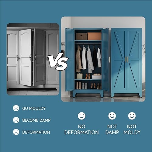 Miniatura 7 de Armario guardarropa de metal con barra para colgar, 71'' Gabinete guardarropa de metal con 2 puertas y 2 estantes ajustables, armarios de