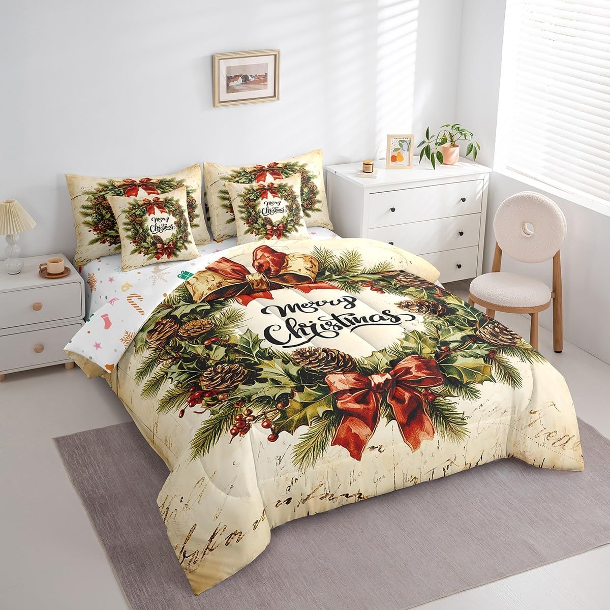 Merry Christmas 7 Pcs King Bedding Sets with Comforter,Flat & Fitted Sheet,Pillowcases,Pillow Covers Watercolor Pine Cones New Year Rustic Style Comforter Set for Kids Teens Adults Bedroom Dorm Decor